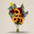 Ramo de girasoles y rosas rojas
